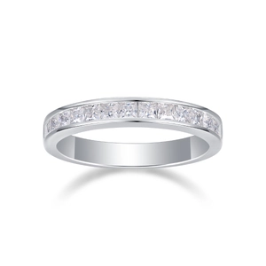 Macro shot of silver S925 sterling silver band with channel-set square moissanite stones