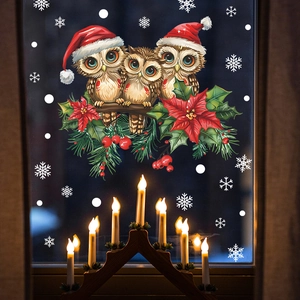 Christmas owl static window stickers with snow and candle arch decoration for home