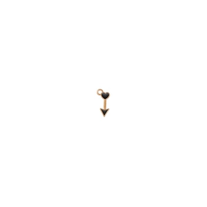 Close-up of a heart-shaped arrow pendant in gold metal with black enamel detailing