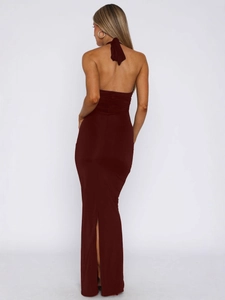 Sexy burgundy halter neck backless dress with ruched detail and back slit for summer