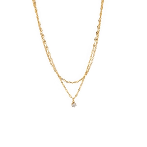 Minimalist double-layer gold necklace featuring a dainty single zircon pendant on white base