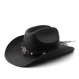 Chapeau de cowboy en paille noire avec ceinture en cuir vintage et boucle tournesol