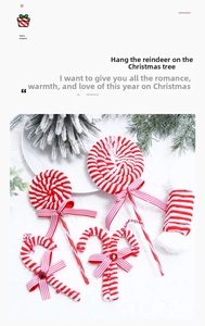 Close-up of plush red and white candy cane ornaments with striped bows for Christmas tree