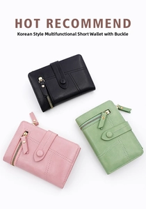 Short PU leather trifold wallets with buckle closure in black, green, and pink colors