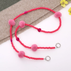 Pink plush bead and pompom crossbody chain strap for bags with silver metal ring buckles
