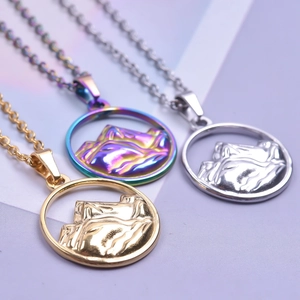 Three-color mountain range round pendant necklaces in gold, silver and rainbow finish