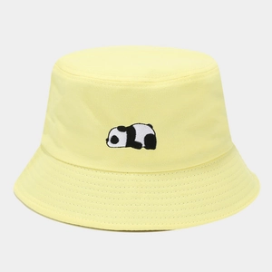 Close-up of cute panda embroidery on high-quality yellow cotton bucket hat for outdoor sun protection