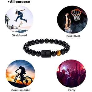 Black beaded elastic bracelet with Virgo sign plate and tiger eye stone bead