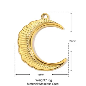 Technical drawing showing a 22mm x 18mm golden crescent moon stainless steel pendant