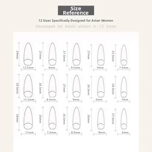 Size reference chart showing 15 different dimensions for handmade press-on nails in mm