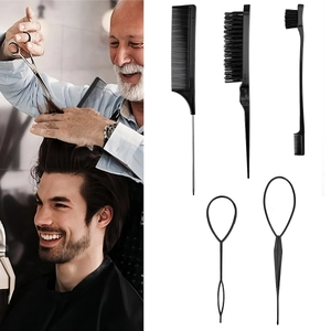 Professional 5-piece black hair styling tool set with combs, brushes and hair loop tools