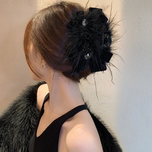 Pince À Cheveux Élégante À Plumes Noires Nœud Strass Velours Accessoires De Coiffure Mode Pour Femmes