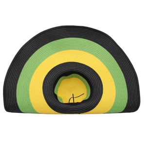 Oversized Rasta-style wide brim straw hat with black green and yellow stripes for beach