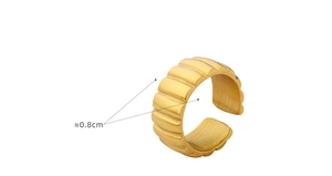 Detail showing 0.8cm width of golden croissant ring with vertical ribbed texture