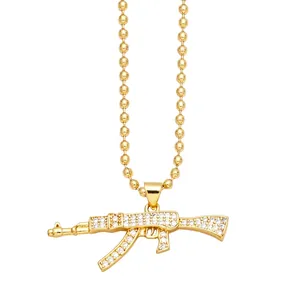 Hip hop style gold AK-47 pendant necklace fully paved with sparkling crystals on ball chain