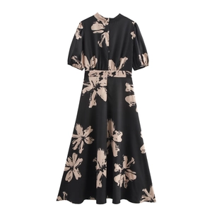 Short sleeve floral print maxi dress in black with a high waist and A-line skirt back