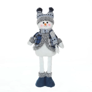 Blue and white snowman figurine with blue plaid vest and knitted hat for Christmas decor