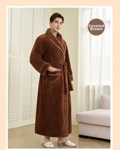 Detail view of coconut brown plush bathrobe featuring white piping on sleeves and pockets
