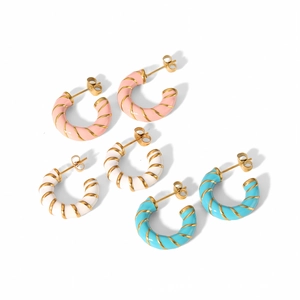 Colorful enamel twist hoop earrings in pink, white and blue stainless steel