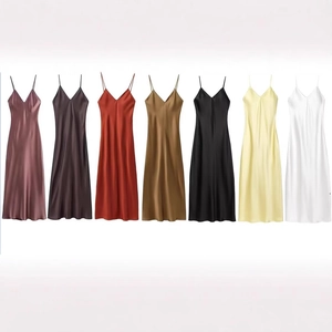 Elegant satin slip dresses for women in seven colors with V-neck and slim straps