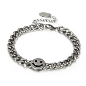Vintage silver smiley face curb chain bracelet in durable stainless steel for men