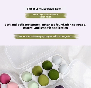 Detailed view of super soft makeup sponge set in transparent storage box
