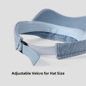Detail of adjustable velcro strap and plastic buckle on denim visor for size control
