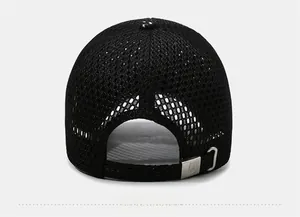 Detail of black mesh baseball cap back with adjustable silver metal buckle and logo