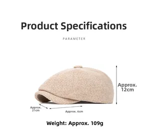 Detailed size specifications of the wool blend newsboy hat with a 6cm brim and 21cm width