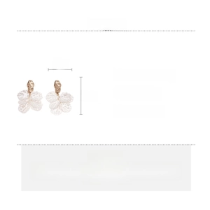 Detailed spec sheet showing acrylic petal tassel earrings size 5cm by 3cm and 10.8g weight