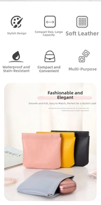 Detail of colorful PU leather squeeze pouches on a wooden surface with lifestyle props