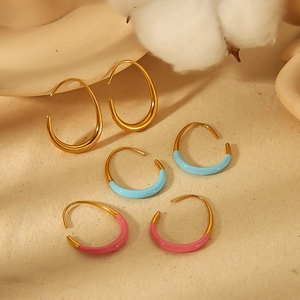 Three pairs of 18k gold plated drop and C-shape earrings with colorful enamel finishes