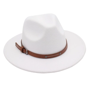 Detailed view of the brown leather band with silver buckle on the white wool fedora