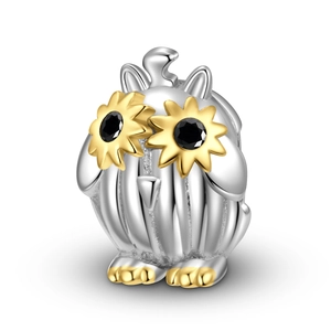 S925 silver owl charm with golden sunflowers and black zircon eyes for DIY bracelets