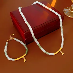 Bamboo Joint Necklace And Bracelet Copper Natural Stone Gold Leaf Pendant Retro New Chinese Style Jewelry Women