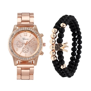 Women Fashion Quartz Watch Alloy Steel Band Rhinestone Bezel Crown Charm Beaded Bracelet Casual Jewelry