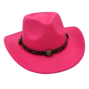 Macro shot of hot pink wool cowboy hat featuring a leather band with metal concho buckle