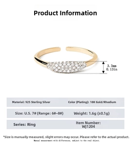 Detail view of 925 sterling silver ring with dimensions and 18K gold plating specifications