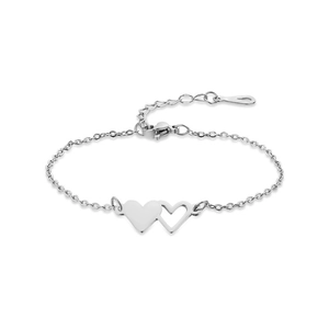 Polished stainless steel double heart bracelet for women with adjustable chain links