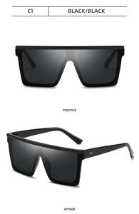 Détails de lunettes de soleil noires à large monture avec vues de face et à 45 degrés
