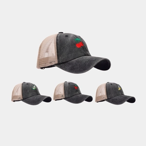 Washed Cotton Trucker Hat Vintage Fruit Embroidery Mesh Breathable Baseball Cap Distressed Sun Protection Adjustable Unisex