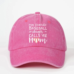 Pink washed denim baseball cap with My Favorite Baseball Player Calls Me Mom print