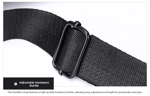 Detail of adjustable black nylon strap with durable metal buckle on a shoulder bag