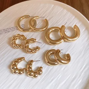 Chunky C Shaped Hoop Earrings For Women Gold Metallic Twisted Design Jewelry With Silver Earring Post
