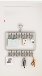 Detail of stainless steel wall-mounted drying rack with 20 clips for laundry and small items