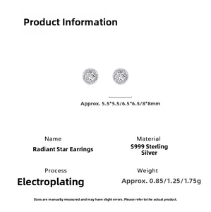 Technical specs showing S999 sterling silver zircon stud earrings in various sizes