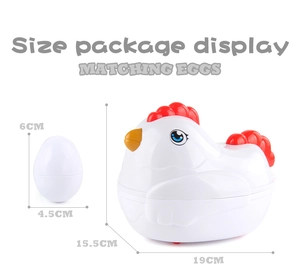 Detailed size display of white chicken egg toy and matching eggs with dimensions