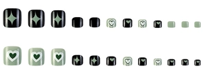 Detailed set of green and black press-on toenails featuring heart patterns and glitter textures