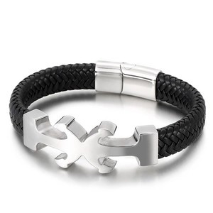 Men's nautical black braided leather bracelet with silver anchor magnetic clasp