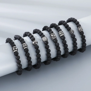 Retro black volcanic stone bracelets for men with diverse silver titanium steel charms